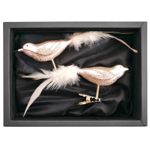2er Set Vögelchen aus Glas mit 8cm Durchmesser in Champagner matt und weißer Feder in einem schwarzen Naturkarton
