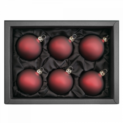 6er Set Christbaumkugeln aus Glas mit 6cm Durchmesser in Marsalarot in einem schwarzen Naturkarton