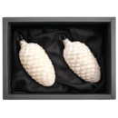 2er Set Zapfen aus Glas mit 6cm Durchmesser in einem softgrün im schwarzen Naturkarton