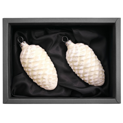 2er Set Zapfen aus Glas mit 6cm Durchmesser in einem softgrün im schwarzen Naturkarton