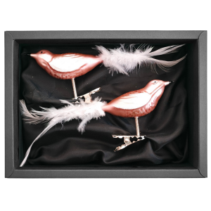 2er Set Vögelchen aus Glas mit 8cm Durchmesser in einem zarten Rosa matt mit schwarzem Naturkarton
