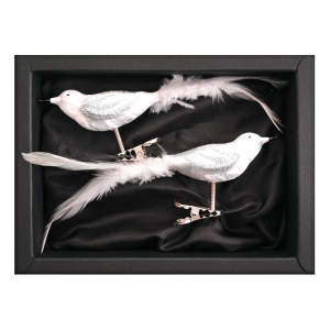2er Set Vögelchen aus Glas mit 8cm Durchmesser im weißen Icing Design mit schwarem Naturkarton