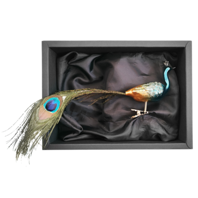 Christbaumschmuck 11cm Pfau aus Glas in Azurblau mit schwarzem Naturkarton