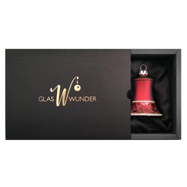 2er Set Christbaumglocken aus Glas mit 5cm Durchmesser in einem Marsalarot matt und Softeffekt in einer schwarzen Verpackung mit goldenem GlasWunder Logo