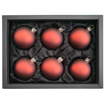 6er Set Christbaumkugeln aus Glas mit 6cm Durchmesser in Cappuccino matt in einem schwarzen Naturkarton