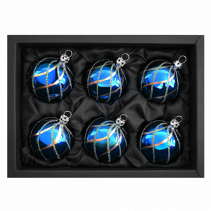 6er Set Christbaumkugeln aus Glas in einem glänzenden Azurblau und glitzernden Rautenmuster mit 6cm Durchmesser in einem schwarzen Naturkarton