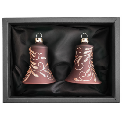 2er Set Glocken aus Glas mit 5cm Durchmesser in Caramel Opal und einem Blütenbouquet in einem schwarzen Naturkarton