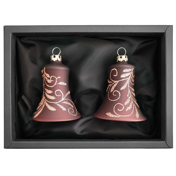2er Set Glocken aus Glas mit 5cm Durchmesser in Caramel Opal und einem Blütenbouquet in einem schwarzen Naturkarton