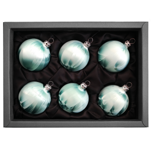 6er Set Christbaumkugeln aus Glas mit 6cm Durchmesser in einem mint grün Ice Design in einem schwarzen Naturkarton