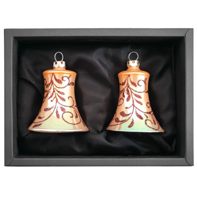 2er Set Glocken aus Glas mit 5cm Durchmesser in Caramel Opal und Blütenranken in schwarzem Naturkarton