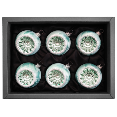 6er Set Christbaumkugeln aus Glas in einem mint grün Ice Vintage Design mit 6cm Durchmesser in einem schwarzen Naturkarton