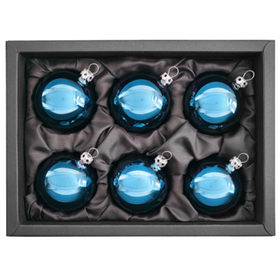 6er Set Christbaumkugeln aus Glas in Azurblau glänzend mit 6cm Durchmesser in einem schwarzen Naturkarton