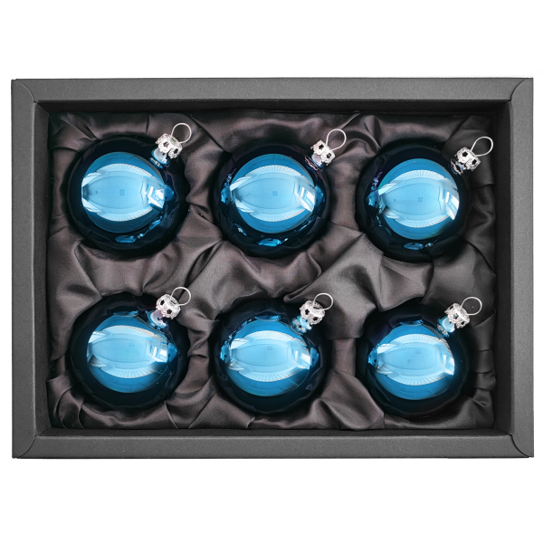 6er Set Christbaumkugeln aus Glas in Azurblau glänzend mit 6cm Durchmesser in einem schwarzen Naturkarton