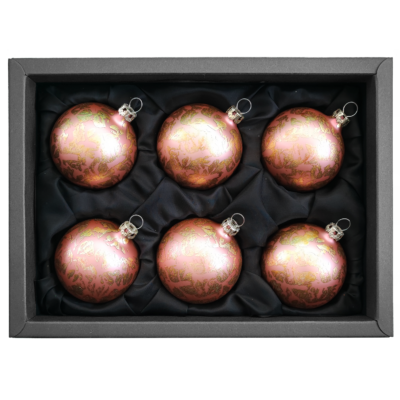 6er Set Christbaumkugeln aus Glas in einem matten Rosatraum und einem Softeffekt mit 6cm Durchmesser in einem schwarzen Naturkarton