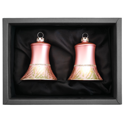 2er Set Christbaumglocken aus Glas in einem matten Rosatraum und einem Softeffekt mit 5cm Durchmesser in einem schwarzen Naturkarton