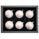 6er Set Christbaumkugeln aus Glas in einem weißen Softeffekt mit 6cm Durchmesser in einem schwarzen Naturkarton