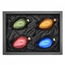 4er Set Ostereier aus Glas in transparent grün, orange, rot und blau mit 6cm Durchmesser in schwarzem Naturkarton