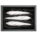 3er Set gedrehte Zapfen aus Glas in weiß Eis geglittert mit 11cm Durchmesser in einem schwarzen Naturkarton