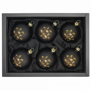 6er Set Weihnachtskugeln aus Glas mit 6cm Durchmesser in schwarz matt mit Weihnachtssternmuster in schwarzem Naturkarton