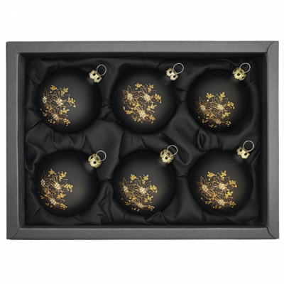 6er Set Weihnachtskugeln aus Glas mit 6cm Durchmesser in schwarz matt mit Weihnachtssternmuster in schwarzem Naturkarton