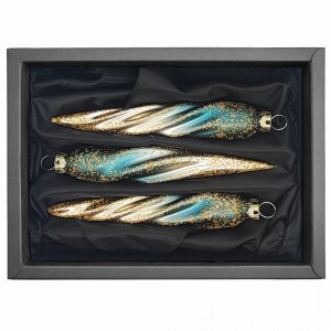 3er Set gedrehte Zapfen mit 11cm Durchmesser in Petrol matt, ohne Farbverlauf, mit gold in schwarzem Naturkarton