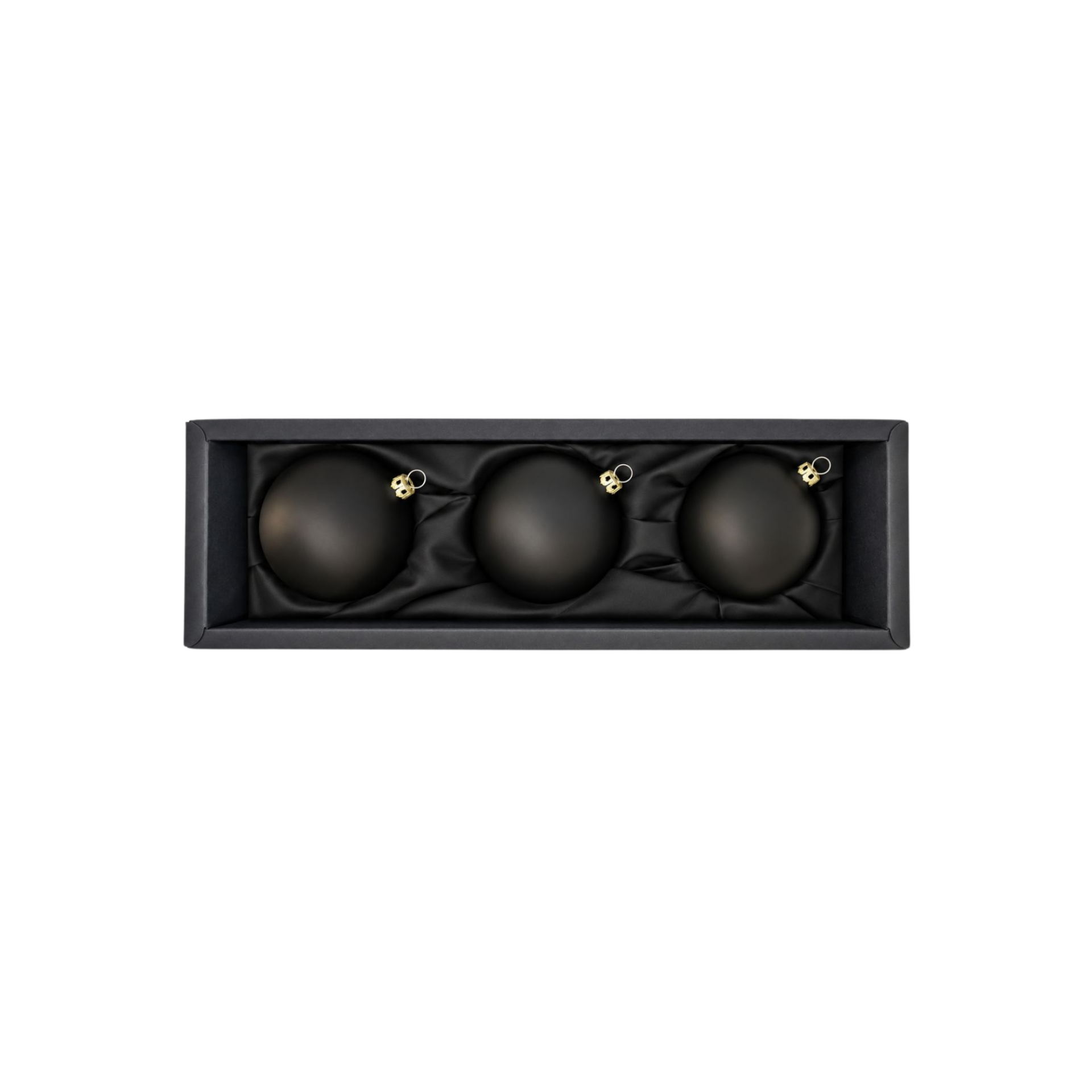 Edles Set aus drei mattschwarzen Christbaumkugeln mit goldenem Aufhänger in eleganter schwarzer Naturgeschenkbox.
