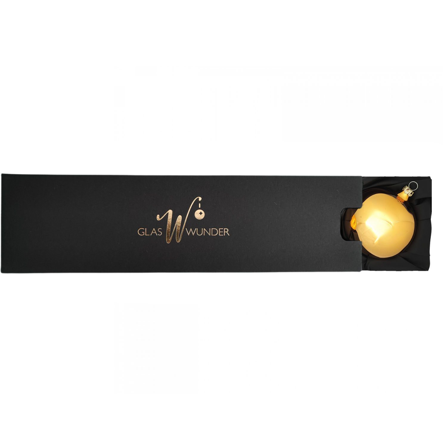 Goldene Christbaumkugel in schwarzer Schiebebox (8 cm).