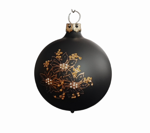 6cm Christbaumkugel aus Glas in einem schwarz matt und Weihnachtsstern Motiv