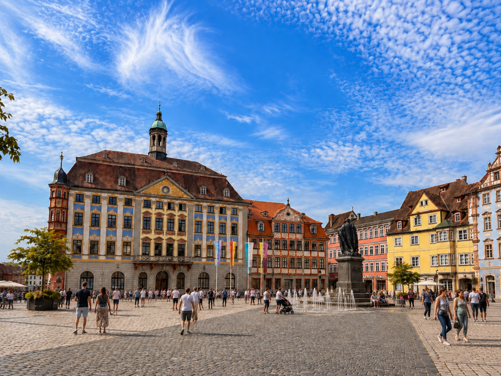 Belebter Coburger Marktplatz mit Blick auf das historische Rathaus und das Prinz-Albert-Denkmal unter blauem Himmel.