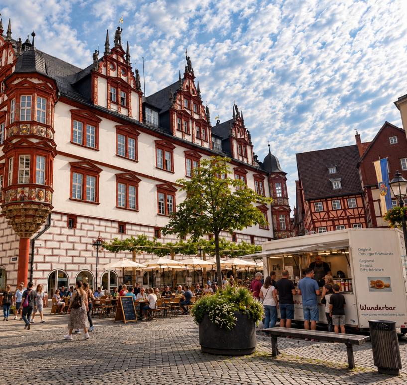Historischer Coburger Marktplatz mit der prächtigen Renaissance-Fassade und Bratwurst stand.