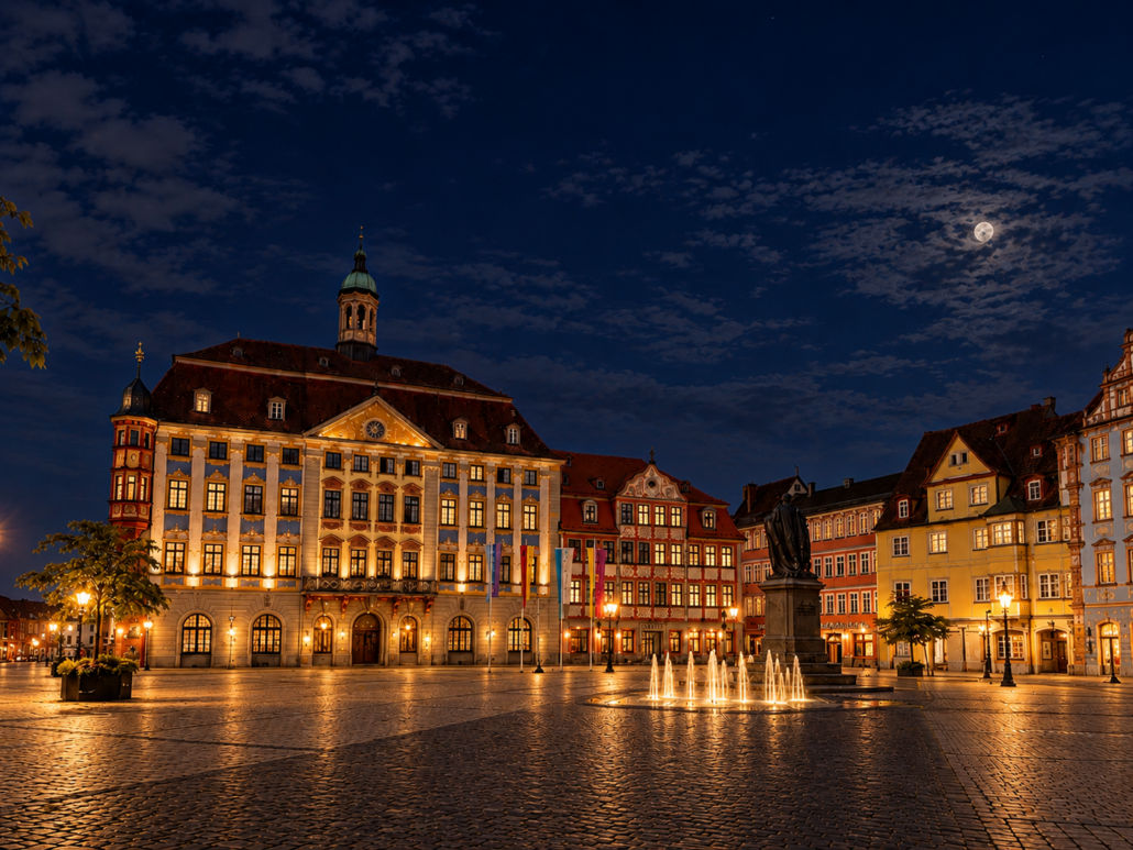 Coburger Marktplatz bei Nacht mit beleuchtetem Rathaus.