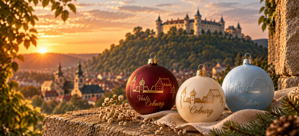 Handbemalte Christbaumkugeln mit Coburger Motiven vor der Veste Coburg im Abendlicht.