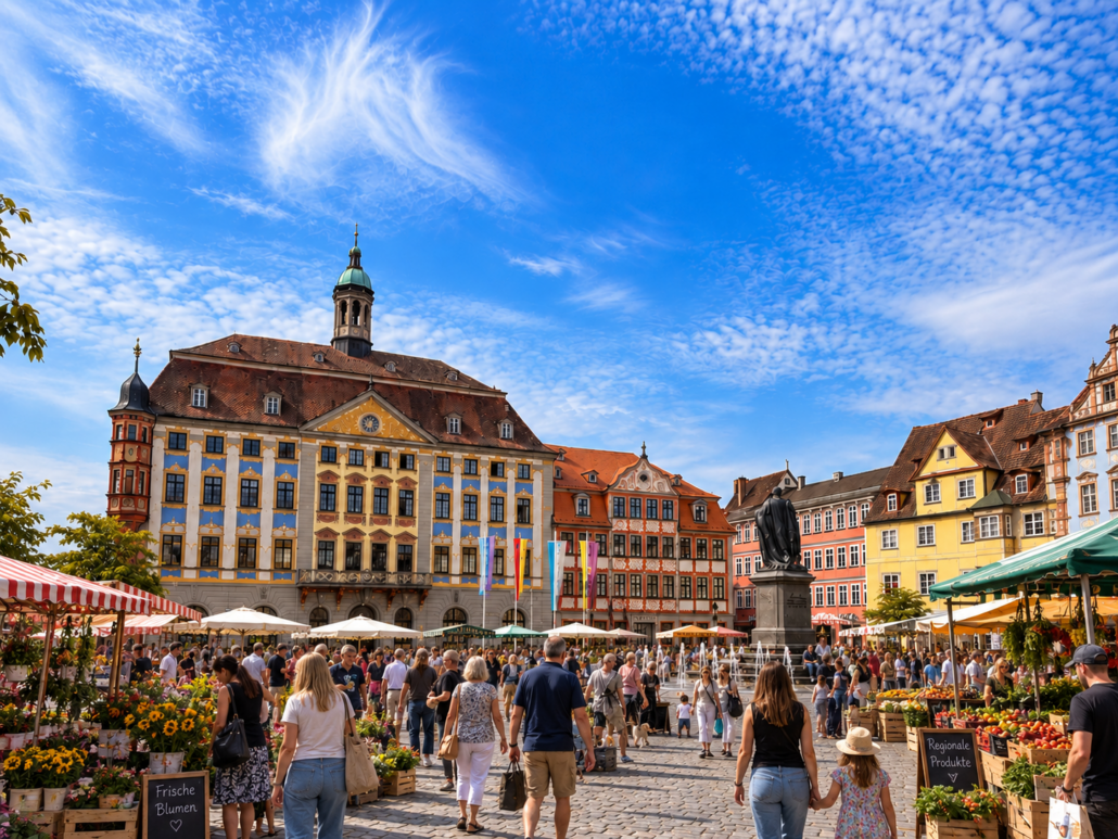 Coburger Marktplatz mit historischem Stadthaus und Marktständen.