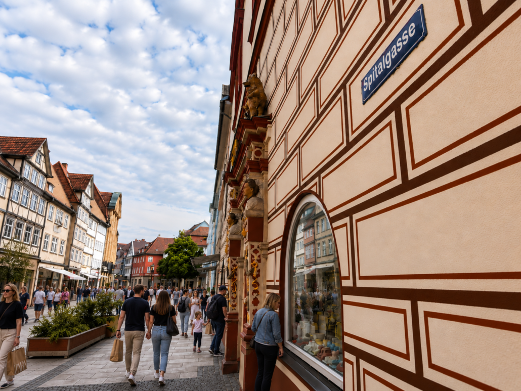 Fußgängerzone in der historischen Spitalgasse in Coburg.