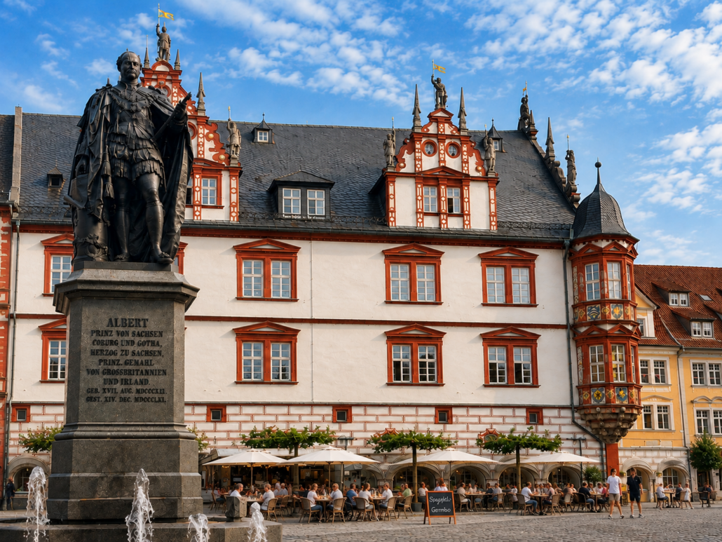 Prinz-Albert-Denkmal und historisches Gebäude auf dem Coburger Marktplatz.
